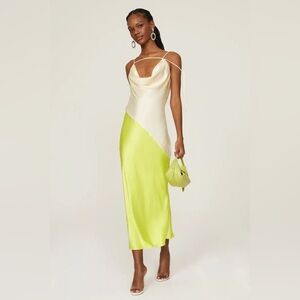San Sloane Zita Satin Slip Midi Dress Bias Cut Chartreuse Small